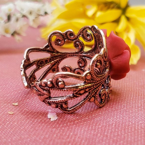 Vintaged Red Rose Lace Ring - Picture 4 of 7